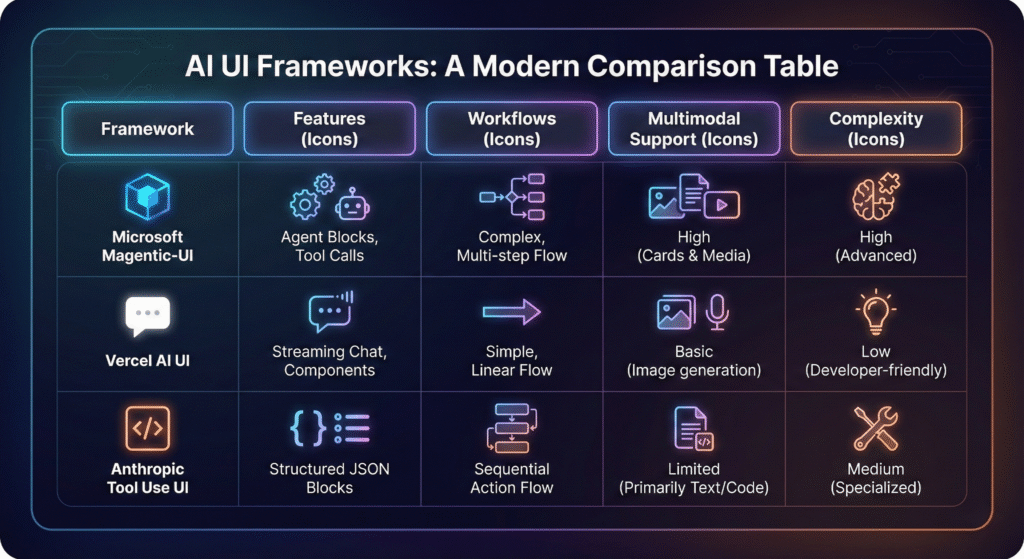Magentic-UI vs Vercel AI UI vs Anthropic Tool Use UI caparison
